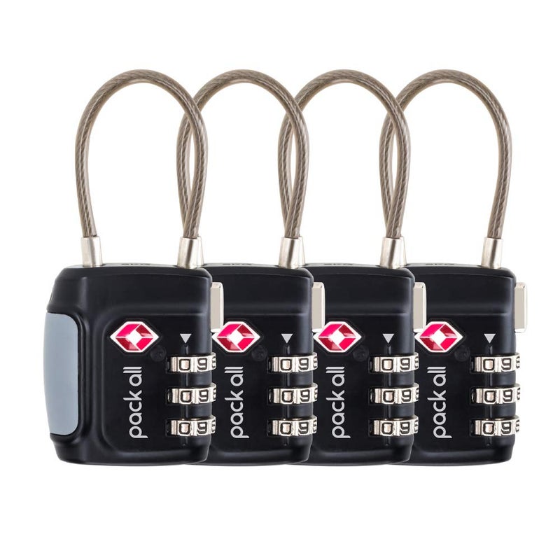 pack all TSA Approved Cable Luggage Locks, 3 Digit Combination Padlocks, Travel Lock for Suitcases & Bag, Alloy Body, Travel Accessories (4 Pack) - Image 1